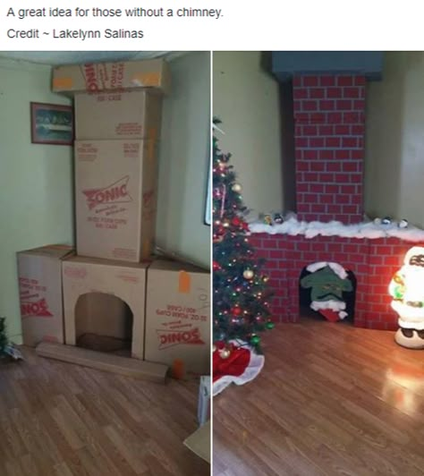 Fireplace and Chimney for Santa :) made with cardboard boxes and paper. Rustic Fireplace Mantel, Diy Christmas Fireplace, Grinch Decorations, Grinch Christmas Party, Rustic Fireplace, Whoville Christmas, Tree Theme, Grinch Party, Grinch Christmas Decorations