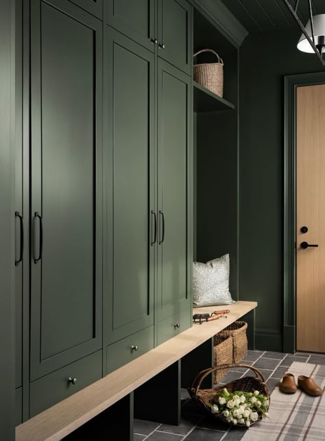 Mcgee And Co Mudroom, Mudroom Cupboards, Studio Mcgee Mudroom, Boho Mudroom, Green Cupboards, Best Cabinet Paint, Sherwin Williams Green, Small Mudroom Ideas, Mudroom Remodel