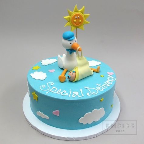 Stork & Sun Reveal Cake Ideas, Baby Cake Design, Stork Cake, Gender Reveal Cakes, Stork Baby Showers, Name Reveal, Gateau Baby Shower, Panda Drawing, Baby Shower Cakes For Boys