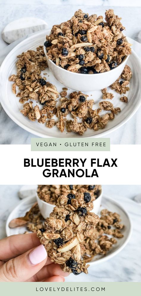 Blueberry flax granola is made with healthy ingredients like old fashioned oats, sun butter, maple syrup and ground flax seed. This healthy homemade granola recipe is perfect for adding on yogurt, smoothie bowls. Perfect gluten free and vegan breakfast to keep you full and happy! Ground Flax Seed Recipes Keto, Ground Flax Seed Recipes, Flaxseed Breakfast, Lovely Delites, Flax Granola, Healthy Homemade Granola Recipe, Sun Butter, Ground Flax Seed, Cottage Cheese Breakfast