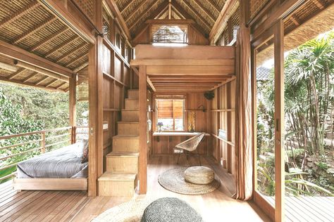 Architect Designed Natural Tall Tiny House - Tiny houses for Rent in Kecamatan Ubud, Bali, Indonesia Tiny Tall House, Tiny Bamboo House Design, Small Tropical House Design, Design Casa Piccola, Balcony Lounge, Tall House, Bahay Kubo, Bamboo House Design, Modular Housing