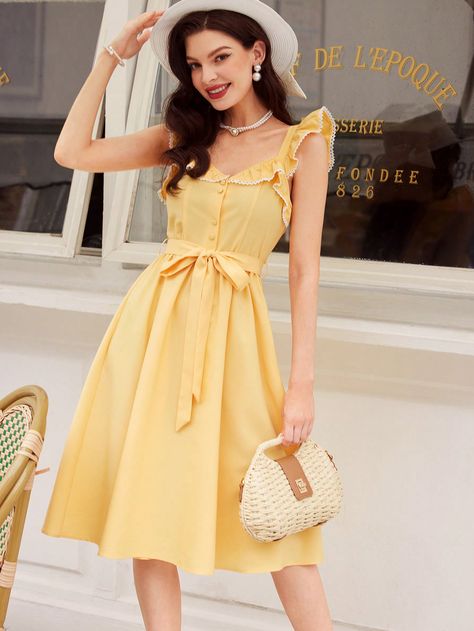 Vintage Elegance Women's Sleeveless Spaghetti Strap Dress, Spring/Summer, Ruffle & Contrast Lace, Bowknot Belt With Buckle Decoration, Yellow Color, Holiday Umbrella Dress Yellow Women Dresses Summer Women Dresses Summer Dress Casual Summer Dress A Line Dress Casual Women Dresses Vintage Dress Elegant Dress Knee Length Dress Sleeveless Dress Summer Outfits Country Dress Flowy Dress Women Vintage Clothes Tea Party Dress Back To School Outfits Yellow Casual  Cap Sleeve Woven Fabric Plain A Line Non-Stretch  Women Clothing, size features are:Bust: ,Length: ,Sleeve Length: Yellow Church Dress Classy, Yellow Dress Flowy, Summer Outfits Country, A Line Dress Casual, Dress Summer Outfits, Country Dress, Summer Dress Casual, Umbrella Dress, Homecoming Dress Short