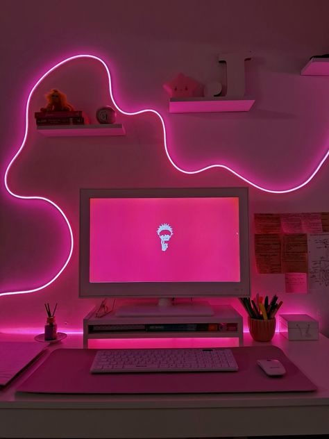 Led pink setup anime Led Lights Desk Aesthetic, Hot Pink Gaming Setup, Led Desk Setup, Gaming Area Ideas, Neon Workspace, Govee Neon Rope Idea, Pink Gamer Room, Gaming Lamp, Streamer Room