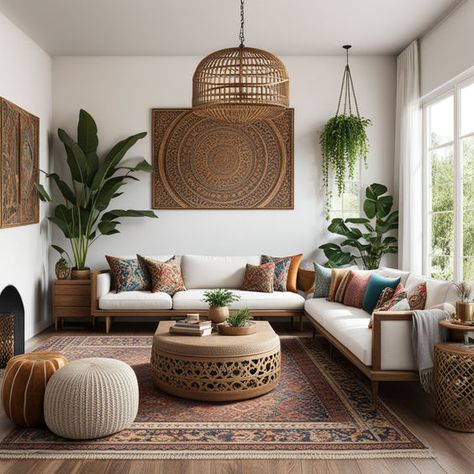 Modern Boho Interior Design Living Room, Realistic Interior Design, Tropical Modern Living Room, Desert Decor Living Room, Bohemian Interior Design Style, Bohemian Decor Living Room, Modern Boho Interior Design, Living Room Boho Chic, Modern Bohemian Decor