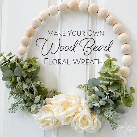 Making Your Own Wood Bead Floral Wreath is a lot easier than you might think! After doing some research, I quickly found there are three main ways to make these fun wreaths: stringing wood beads onto a metal hoop form, gluing round or halved wood beads to a metal hoop form, or gluing half wood beads to a flat, wood wreath ring form. The flat ring form seemed like the best option for me. Let’s see how I did it! Where do you plan to hang your Wood Bead Floral Wreath once you’re done!? Wooden Bead Wreath, Bead Wreath, Koti Diy, Wreath Ring, Wood Beads Diy, Round Signs, Ball Wreath, Easy Diy Wreaths, Fun Wreath