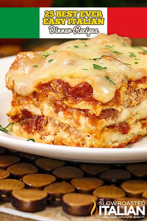 Italian Dinner Recipes that are simple and delicious are one of our favorites to make! Here are the top 25, all-time, best ever, easy Italian Dinner recipes on our site. Perfect to help you through those busy days and nights. 30-minute meals, one-skillet meals, casseroles, pasta bakes, soups and more! Best Easy Lasagna Recipe, Cheesy Lasagna Recipe, Easy Italian Dinner, Italian Sausage Lasagna, Slow Roasted Italian, Sausage Lasagna, Meat Lasagna, Easy Lasagna Recipe, Main Entrees