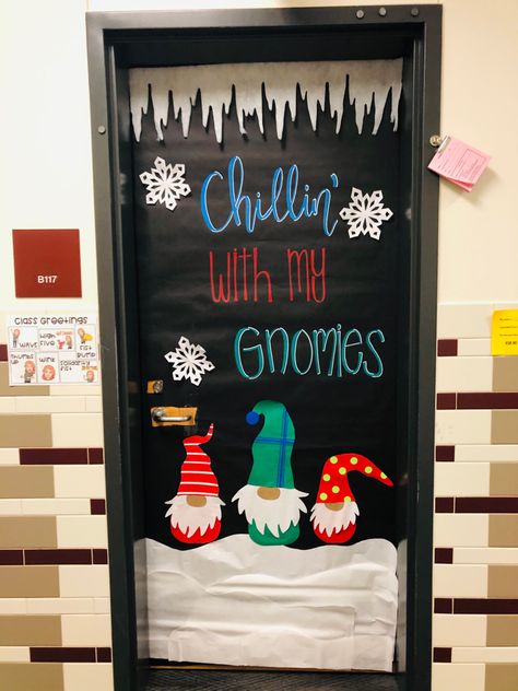 Wanted to make my door festive but not cekebrate any one holiday. So obviously gnomes were needed!! Cute Door Decorations For Christmas, Gnome Office Door Decoration, Christmas Door Decorations Simple, Christmas Gnome Door Decoration School, Christmas Decor Ideas For School Doors, Chilling With My Gnomies Classroom Door, Chillin With My Gnomies Classroom Door, Gnome Door Decorating Contest, Teacher Christmas Door Decorations