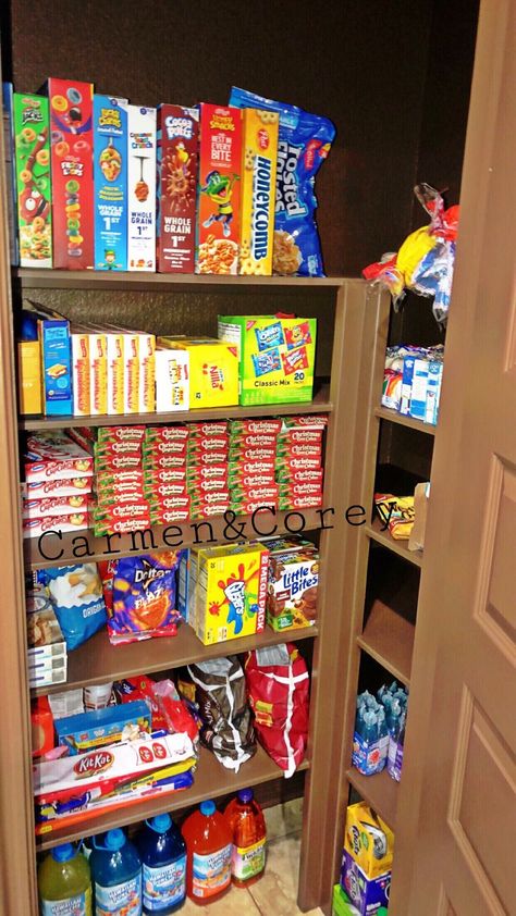 Corner Store Snacks, Snack Closet Ideas, Pantry Full Of Snacks, American Snacks Aesthetic, Snack Area In Bedroom, Snack Stash In Bedroom, Snack Closet, Stock Pile Organization, Snack Pantry