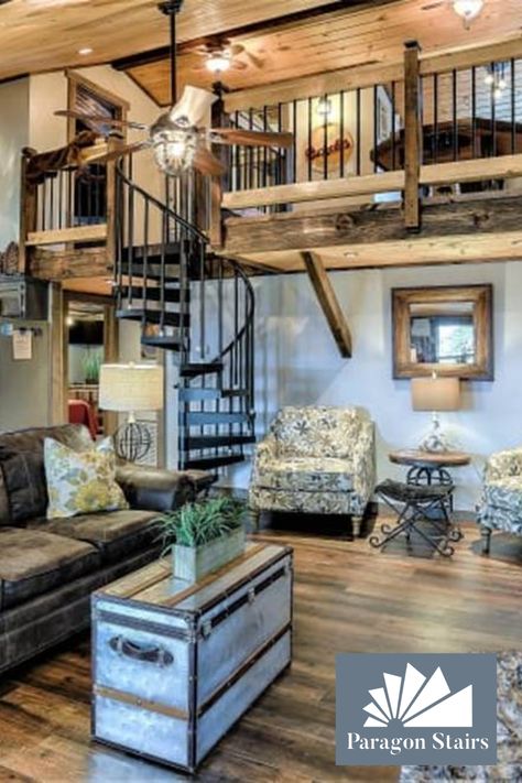 The Perfect Affordable Spiral Stair For A Cabin In The Woods From Paragon Stairs Barn House Kits, Barndominium Interior, House Loft, Casa Vintage, Cabin Interiors, Barn Style House, A Frame House, Design Del Prodotto, Traditional Living Room