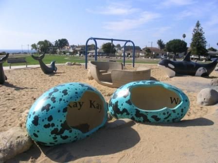 Dinosaur Park Eggs at Pismo Beach Lions Playing, Beach With Kids, Dolphin Swimming, Preschool Playground, Pismo Beach California, Dog Kennel Designs, Dinosaur Play, Dinosaur Park, Dog Playground