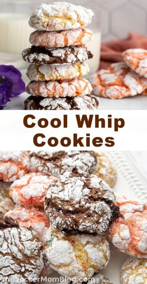 These Cool Whip Cookies are light and airy, with the perfect chewy finish. And with just 3 ingredients, they couldn't be easier! Whip Cookies, Cool Whip Cookies, 3 Ingredient Cookies, Cake Mix Cookie Recipes, Crinkle Cookies, Lost 100 Pounds, Cake Mix Recipes, Easy Cookie Recipes, Cool Whip