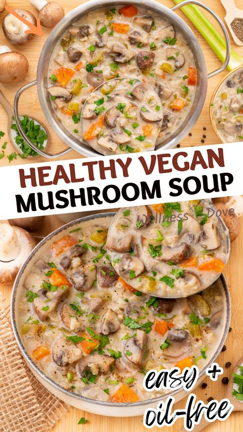 Treat yourself to a bowl of our lusciously creamy vegan mushroom soup! This easy-to-follow, oil-free recipe is not only incredibly delicious but also a healthy, nutritious choice for your mealtime. Indulge in the comforting flavors while staying true to your healthy eating goals! Alkaline Vegan Soup Recipes, Vegetable Mushroom Soup, Vegan Immune Boosting Soup, Best Vegan Crockpot Recipes, Vegan Recipes Soup, Healthy Cream Of Mushroom Soup, Vegan Mushroom Soup Recipes, Small Soup Recipes, Raw Mushroom Recipes