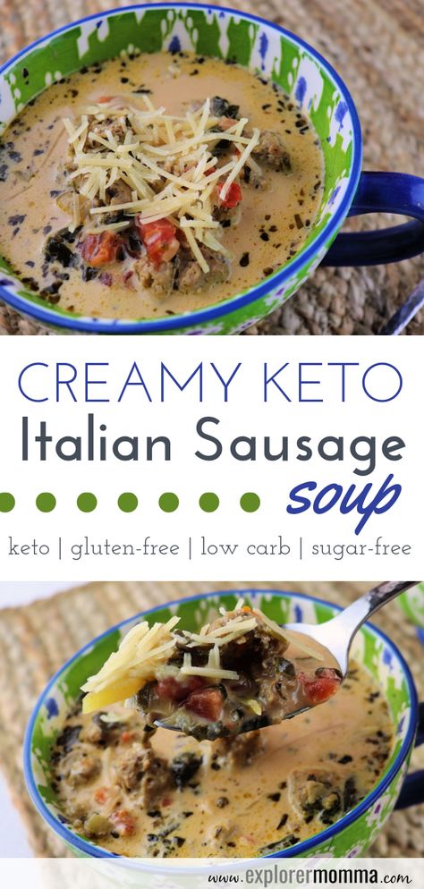 Delicious Creamy Keto Italian Sausage Soup. Need a low carb, gluten-free, easy recipe for a family dinner? Comforting and full of flavor, your family will love you. #ketorecipes #lowcarbsoups Keto Italian Sausage Soup, Drinks Soda, Keto Italian, Italian Sausage Soup, Keto Drinks, Resep Diet, Drinks Coffee, Keto Soup, Sausage Soup