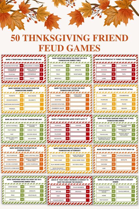 🍂🦃50 Fun Thanksgiving friendly feud game printable,Friendsgiving party games bundle,Thanksgiving Family feud game board,Fall activities for kids pdf,Thanksgiving games bundle printable for Family, Adults, Kids🍁

★ WHAT YOU WILL GET ★

- 50 Friendly Feud Cards (printed 2 per page)
- Answer Covers
- Scorecards
- Fast money answer & score cards
- Fast Money final round 4 pages
- Red & Green X's
- Game Instructions

Don't miss out on the festive fun – order now and start playing! 🎃🌻🛒 Thanksgiving Family Fued Game Free, Thanksgiving Family Fued Questions, Thanksgiving Family Fued Free, Thanksgiving Family Feud Free, Family Feud Game Board, Thanksgiving Family Feud Questions, Games For Thanksgiving Family, Adult Thanksgiving Games, Family Games For Thanksgiving