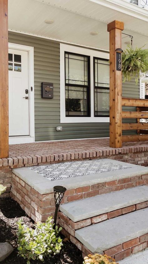 styleitprettyhome on Instagram: When you haven’t seen your dad for 2 years and he shows up to help with the porch project ♥️ Me and my dads thing is doing house projects.… Old Mill Brick, New Orleans Style Homes, Easy Home Renovations, Brick Porch, Mobile Home Exteriors, Lake Houses Exterior, Porch Remodel, Bungalow Renovation, Craftsman Exterior