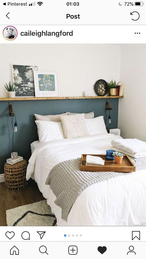 Love the green with the oak shelf running all the way round | Ideias de decoração apartamento, Decoração quarto e sala, Idéias de decoração casa Pola Cat Dinding, Small Guest Bedroom, Dekorasi Kamar Tidur, Bilik Tidur, Small Bedroom Decor, Redecorate Bedroom, Tiny Bedroom, Decor Minimalist, Room Ideas Bedroom