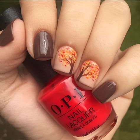 Easy Fall Nail Designs, Leaves Nail Art, Candy Corn Nails, Fall Leaves Nail Art, Orange Acrylic Nails, Tree Nail Art, Mauve Nails, Thanksgiving Nail Art, November Nails