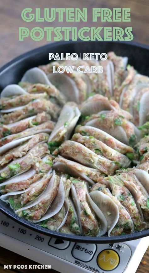 These delicious gluten free potstickers are made the healthy way with daikon radish instead of wrappers. These paleo potstickers are perfect for a low carb or keto diet! | mypcoskitchen.com #paleo #glutenfree #lowcarb #keto #pcos #recipe #appetizer Keto Wontons Low Carb, Keto Wonton Wrappers, Keto Japanese Recipes, Keto Japanese Food, Keto Korean Recipes, Paleo Potstickers, Low Carb Asian Recipes, Japanese Keto, Daikon Radish Recipes