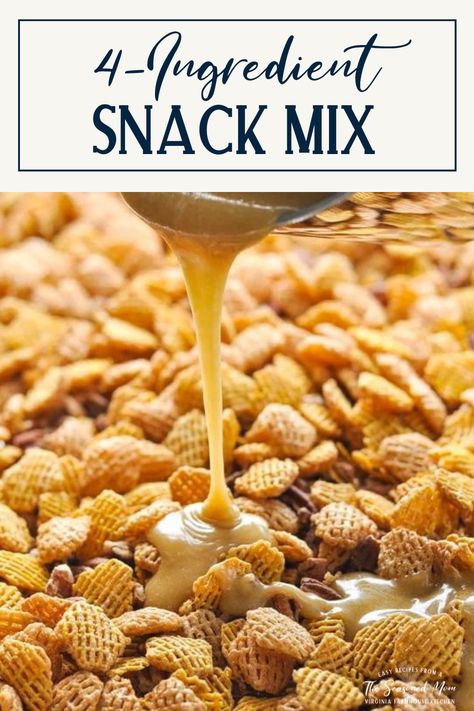 The ultimate crowd-pleasing party food, this "Crack Snack" earned its name for a good reason! With just 4 simple ingredients -- pecans, cereal, butter, and brown sugar -- you can whip up this crunchy, sweet, and salty snack mix in a matter of minutes. Bet you can't stop at just one bite! Carmel Cereal Snack, Easy Snacks For A Party, Card Snacks, Sweet Snack Mix Recipes, Homemade Chex Mix Recipe, Sweet And Salty Snacks, Hot Lunches, Crispix Cereal, Easy Snack Mix