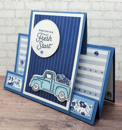 Trucking Along Center Step Fold Card and Video Tutorial - SassyPaperCrafts Tea Boutique, Center Step Cards, Boutique Cards, Side Step Card, Step Card, Step Cards, Interactive Cards, Birthday Cards For Men, Easel Cards