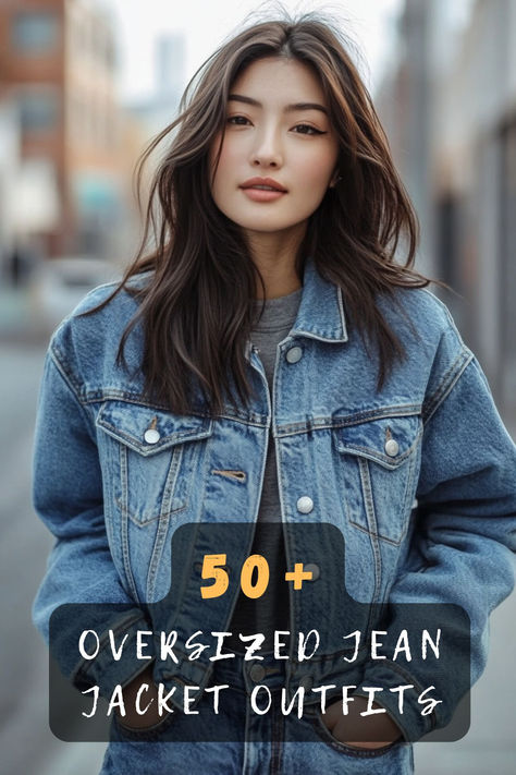 Capture a cool and casual vibe with these 50 oversized jean jacket outfits. Perfect for everyday wear, these ensembles offer versatile ways to style your denim jacket. Discover how to create relaxed yet fashionable looks. Click to explore these chic ideas! 🧥✨ #CoolCasual #OversizedJeanJacket #FashionInspo #StylishOutfits #DenimStyle #CasualChic #OutfitInspiration Jean Jacket Style Woman, Casual Jean Jacket Outfits Winter, How To Wear Oversized Jacket, Oversized Jacket Outfit Women, Oversized Denim Jacket Outfit Plus Size, Large Denim Jacket Outfit, Styling Oversized Jean Jacket, Womens Jean Jacket Outfit, Jeans Jacket Outfit For Women