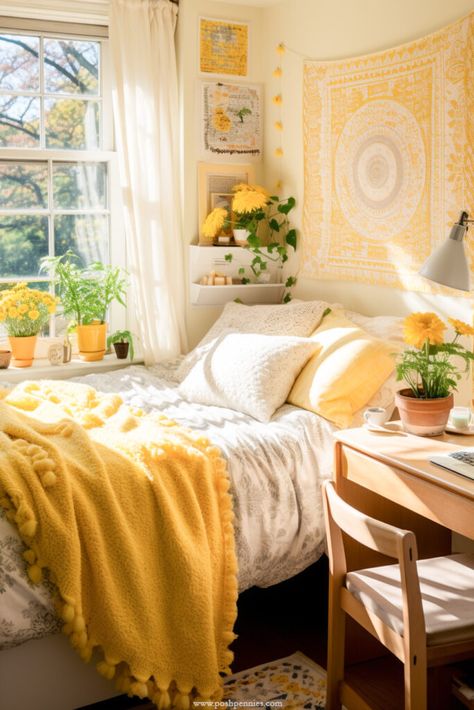 Brilliant And Affordable Boho Dorm Room Decor Ideas - Posh Pennies Yellow Room Decor, Boho Dorm Room, Yellow Bedroom Decor, Yellow Room, Dorm Room Inspiration, Yellow Bedroom, Bedroom Refresh, Room Makeover Bedroom, Decoration Inspiration