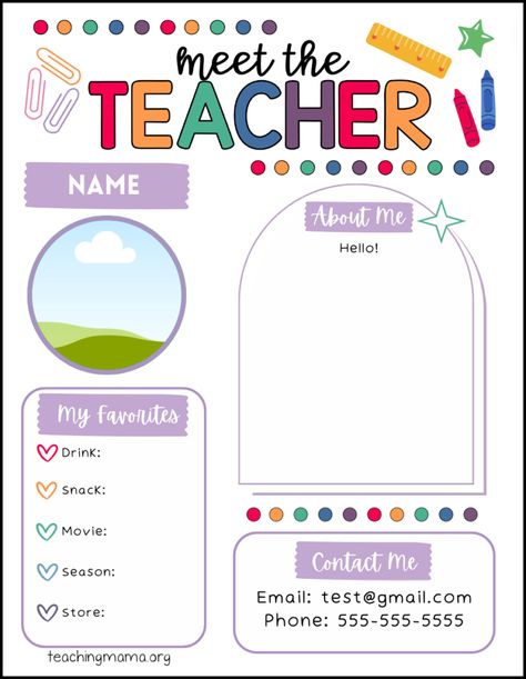 meet the teacher canva template - free version Meet The Teacher Template Free Download, Teacher Welcome Letter Template Free, Teacher Templates Free, All About The Teacher Template Free, Free Meet The Teacher Template Freebie, All About Me Teacher Template Free, Free Meet The Teacher Template Editable Preschool, Teacher Bio Template, Preschool Meet The Teacher Ideas