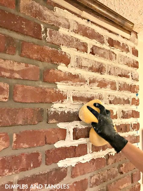 Mortar Wash Brick Fireplace, Mortar Wash Brick, Wash Brick Fireplace, Mortar Wash, Fireplace Brick, Dimples And Tangles, Fireplace Redo, Painted Front Porches, Brick Fireplace Makeover