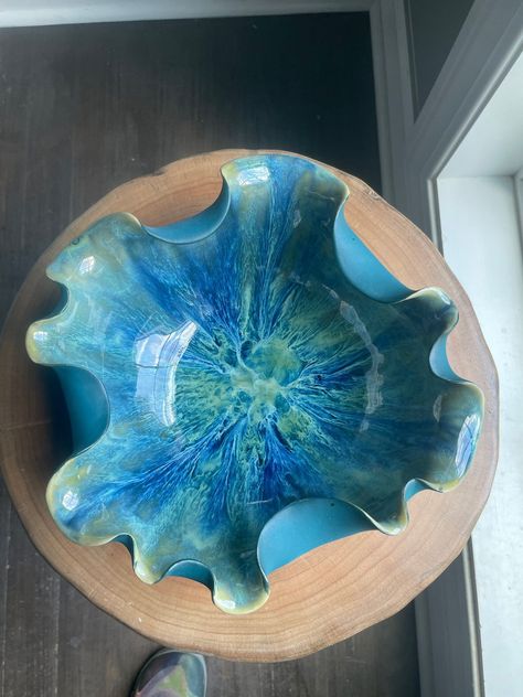 Blue green, organic, fluted, ruffle bowl. This is a wheel-thrown handmade ceramic bowl then altered to make the perfect elegant centerpiece. Abstract Clay Bowls, Pottery Bowl Shape Ideas, Glazing Pottery Ideas Bowls, Thrown Pottery Ideas Unique, Decorative Ceramic Bowls, Bowl Clay Ideas, Ceramics Wheel Ideas, Unique Ceramic Ideas Inspiration, Organic Ceramic Sculpture