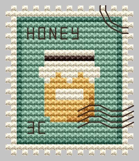 Honey Postage Stamp cross stitch chart designed by Kate Spiridonova.  ATTENTION! Fabric and threads are not included! Cross stitch charts are intended for personal use only and can't be distributed any way. Cross Stitch Stamp, Small Cross Stitch Patterns Free, Stamp Cross Stitch, Dibujos Ideas, Everything Cross Stitch, Artsy Girl, Stitch Character, Small Cross Stitch, Cross Stitch Bookmarks