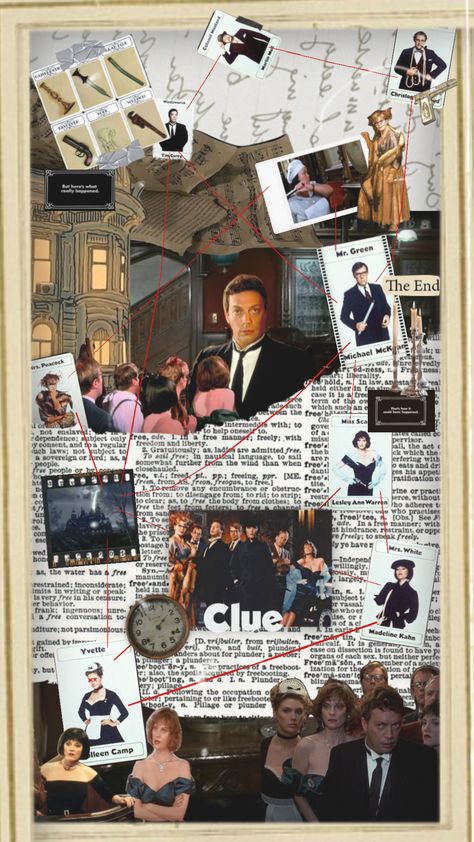 Clue Movie Wallpaper, Detective Board Graphic Design, Clue Game Aesthetic, Clue Board Game Aesthetic, Clue Game Decorations, Clue Themed Hallway, Clue Movie Aesthetic, Clue Posters, Clue Aesthetics