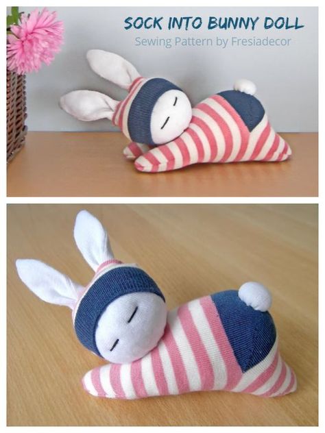 DIY Sock Bunny Doll Free Sewing Pattern + Video | Fabric Art DIY #knittedtoys #handmadetoys #knittedtoysfreepatternsbunnies #knittedtoysfreepatternseasycute Sock Bunny Pattern Free, Stuffed Sock Animals, Stuffed Bunny Sewing Pattern Free Printable, Sock Bunny Diy How To Make, Easter Bunny Sewing Pattern Free, Easy Sock Animals, Bunny Doll Pattern Free, Sock Dolls Diy Easy, Stuffed Bunny Sewing Pattern Free