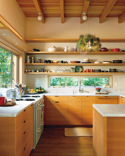 CURRENTLY COVETING KITCHENS WITHOUT CABINETS — OLD BRAND NEW Kabinet Dapur, Trendy Kitchen, Kitchen Window, Counter Tops, Wood Kitchen, Kitchen Shelves, Kitchen Backsplash, Dream Kitchen, A Kitchen