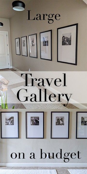 DIY large travel gallery wall for a long hallway and entryway. Cheap travel gallery for under $200. Oversized frames to display travel photos. Modern contemporary feel with black and white photos. Inexpensive Gallery Wall, Hallway Picture Gallery Wall Ideas, Pictures In Long Hallway, Large Black Picture Frames On Wall, Large Art Stairwell, Large Gallery Frames, Extra Large Picture Frame Ideas, Ikea Vihals Ideas, Gallery Wall With Large Frames