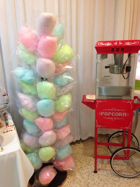 Cotton Candy Graduation Party, Inside Carnival Birthday Party, Carvinal Party Ideas, Neutral Carnival Party, Food For Carnival Themed Party, Popcorn And Cotton Candy Stand, Cotton Candy Holder Stand, Popcorn Machine Party, Popcorn Machine Stand Ideas