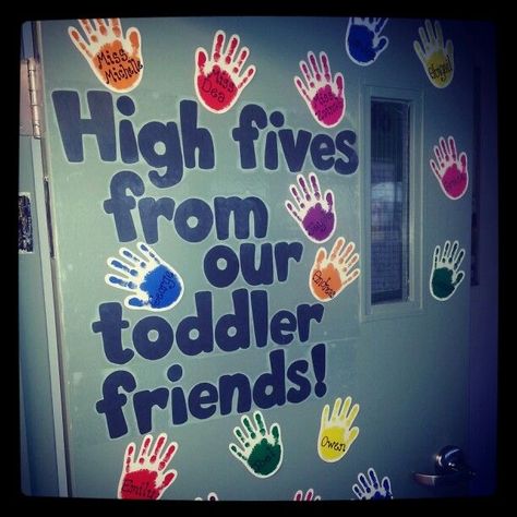 High Five Bulletin Board Ideas, Our Classroom Family Bulletin Board, Daycare Art Display, Simple Preschool Bulletin Boards, Classroom Boards Preschool, Handprint Classroom Decor, Back To School Classroom Decorations Daycare, Preschool Teacher Door Ideas, Classroom Displays Preschool