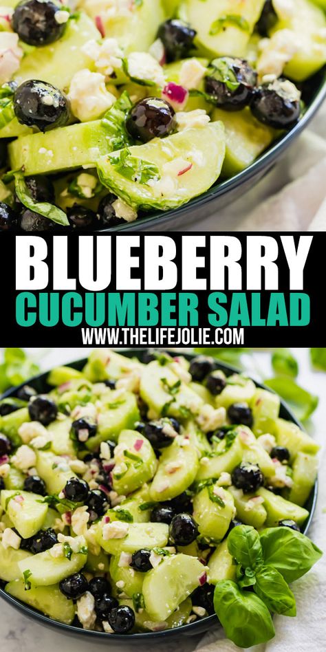 Delicious Side Salads, Cucumber Blueberry Feta Salad, Blueberry Side Dish, Blueberry Cucumber Salad, Apple Cucumber Salad, Cooked Cucumber Recipes, Salad For Picnic, Cucumber Side Dishes, Blueberry Feta Salad