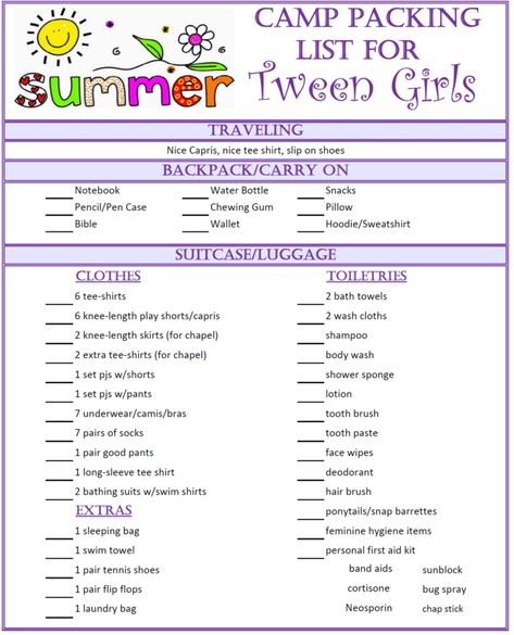 Overnight Summer Camp Packing List for Tween Girls, age 8-12 years old (and up). What and how to pack for overnight, sleep over camp and church camp. Includes FREE printable packing checklist and packing tips. Via Walking in High Cotton Camp Checklist For Girls Packing Lists, Packing List For Sleepaway Camp, Summer Church Camp Packing List, What To Pack For Sleepaway Camp, Camp Essentials For Girls Summer, Overnight Camping Packing List, Girls Camp Packing List, Church Camp Packing List, Overnight Packing List