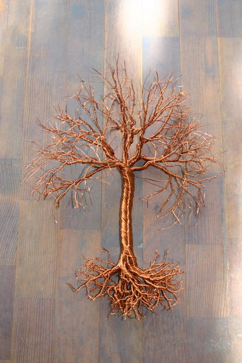 Large 15" hanging, copper wire tree art. Great for autumn decor! www.Facebook.com/TwistedForest www.Etsy.com/shop/TwistedForest Drátěná Socha, Wire Christmas Tree, Copper Wire Tree, Copper Wire Crafts, Colorful Decorations, Christmas Tree Craft, Copper Wire Art, Wire Tree Sculpture, Floral Wall Art Canvases