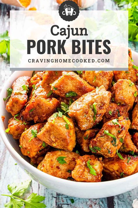 Cajun Pork Bites, Pork Entree Recipes, Bbq Pork Bites Recipes, Pork Chop Recipes Spicy, Pork Chop Bits Recipes, Easy Cubed Pork Recipes, Pork Bites Recipes Dinners, Recipes With Diced Pork, Cajun Christmas Food Ideas