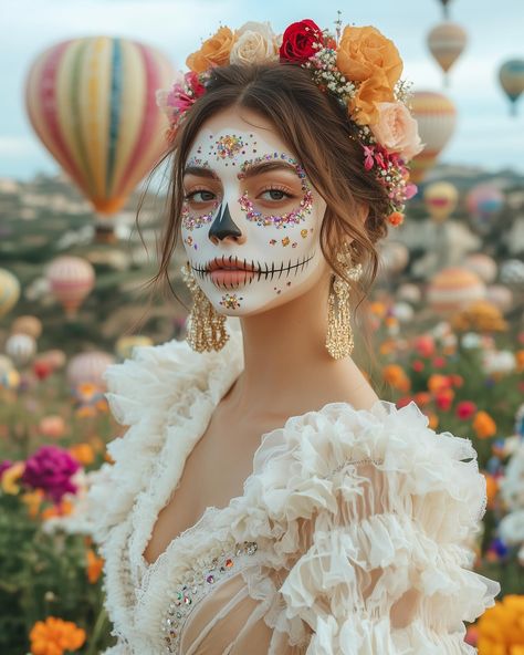 A hot air ballon fest on Día de los Muerto is actually a thing 😍 2 in 1 Challenge💀💐 Candy Skull challenge - Hosted by @eyeseeeye #cosmicalairave Thank you for inviting @yourdreamnook✨ Hot air balloon - Hosted by @h2oman95 #waterboy2024 Thank you for inviting @h2oman and @mydreamnook ✨ . . . . #dayofthedead #diadelosmuertos #sugarskull #sugarskullmakeup #candyskull #challengeprompts #aiprompts #aichallengeprompt #hyperrealistic #aiartcommunity Sugarskulls Makeup, Catrina Aesthetic, Dia De Los Muertos Makeup Ideas, Mexican Halloween Costume, Disfarces Halloween, Catrina Costume, Halloween Bride Costumes, Mexican Halloween, Sugar Skull Costume