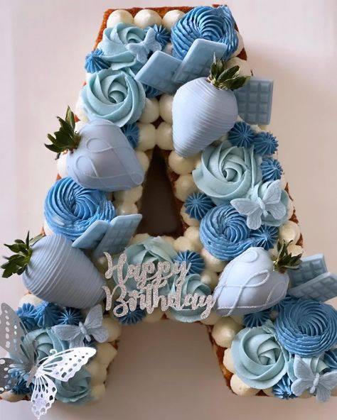 Pink And Blue Number Cake, Initial Cake Ideas, Blue And Gold Number Cake, A Cake Letter, Cookie Cake Letter, Cupcake Letter Cake, Letter Cakes Ideas Initials, Blue Birthday Cake Ideas, Letter Cakes Ideas