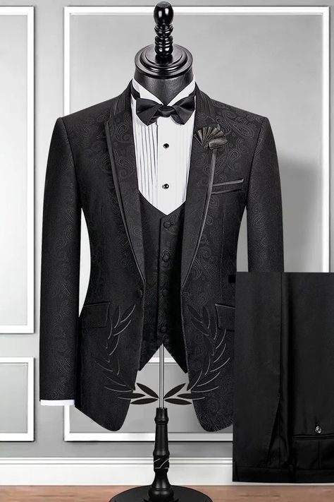 Black Slim Fit Notched Lapel Jacquard Wedding Suit For Men | Risias Black Groom Suit, Wedding Suit For Men, Black Groom, Suits Groom, Wedding Tuxedo, Man Clothes, Stylish Man, Suit For Men, Prom Suits