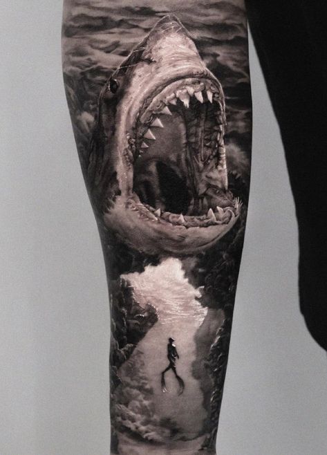 Shark Realistic Tattoo, Shark Realism Tattoo, Megladon Shark Tattoo, Shark Tattoo Design Drawings, Realistic Ocean Tattoo, Shark Leg Tattoo, Shark Arm Tattoo, Realistic Shark Tattoo, Shark Tattoo Sleeve