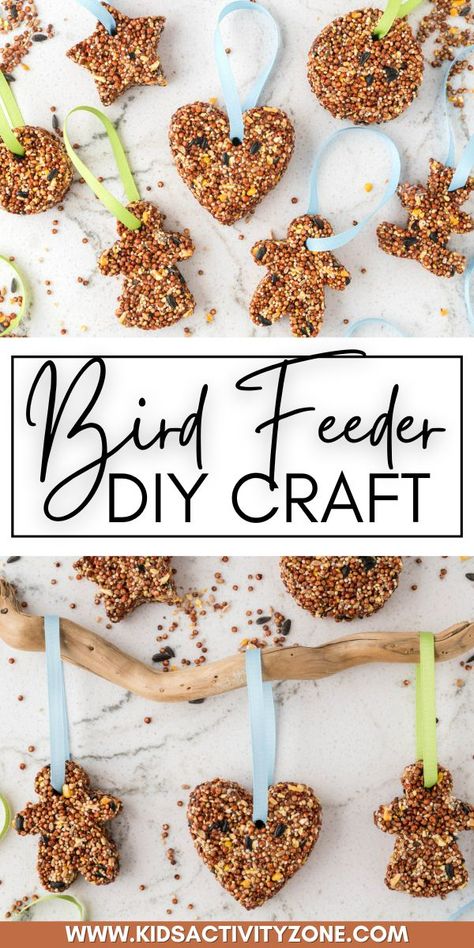 Learn how to make your own DIY Bird Feeder at home. It's the perfect easy craft to do with your kids. It's made out of easy to find ingredients and safe to make for birds. My kids loved this bird feeder activity and had so much fun picking out the shapes of their bird feeders! Popsicle Stick Bird Feeders, Seed Bird Feeders, Bird Feeder Crafts For Preschoolers, Preschool Birdfeeder Craft, Make A Bird Feeder Preschool, Diy Birdhouse For Kids, Bird Seed Crafts For Kids Easy Diy, Make Bird Feeder With Kids, Bird Feeders For Preschoolers To Make