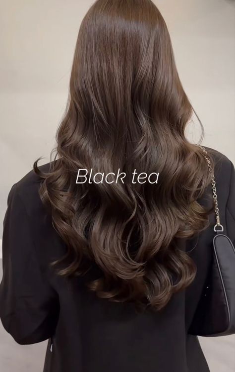 Soft Brown Hair Asian, Brown Hair For Asian, Chocolate Black Tea Hair Color, Black Tea Hair Color, Chocolate Black Tea Hair, Asian Dark Brown Hair, Dark Brown Asian Hair, Dark Milk Tea Hair Color, Chocolate Brown Hair Asian