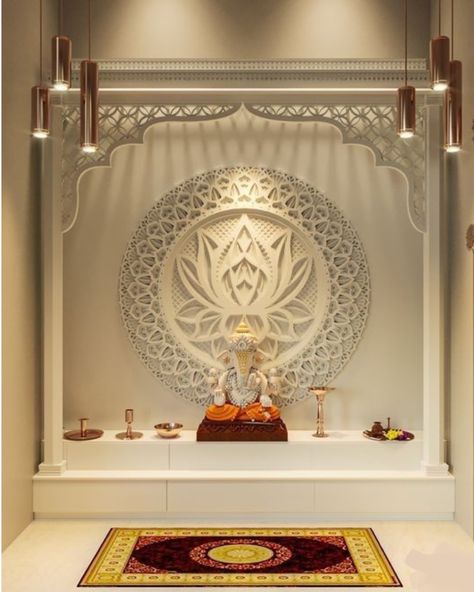 Unique Temple Designs For Home, Puja Room Background Design, Unique Pooja Room Ideas, Pooja Wall Designs, Temple Wall Design, Mandir Background Design, Mandir In Living Room, Mandir Back Wall Design, Puja Room Design