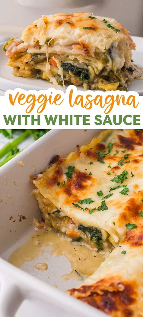 This Vegetable Lasagna with White Sauce is a cheesy, saucy way to get the family excited for veggies! Layers of lasagna noodles, plenty of tender vegetables, and a rich, creamy white sauce make this veggie lasagna a favorite! Vegetable Lasagne With White Sauce, Veggie Lasagna With White Sauce, Veg Lasagna Recipe, Vegetable Lasagna With White Sauce, Lasagna With White Sauce, White Lasagna Recipe, Easy Vegetable Lasagna, Veggie Lasagna Recipe, Healthy Lasagna Recipes