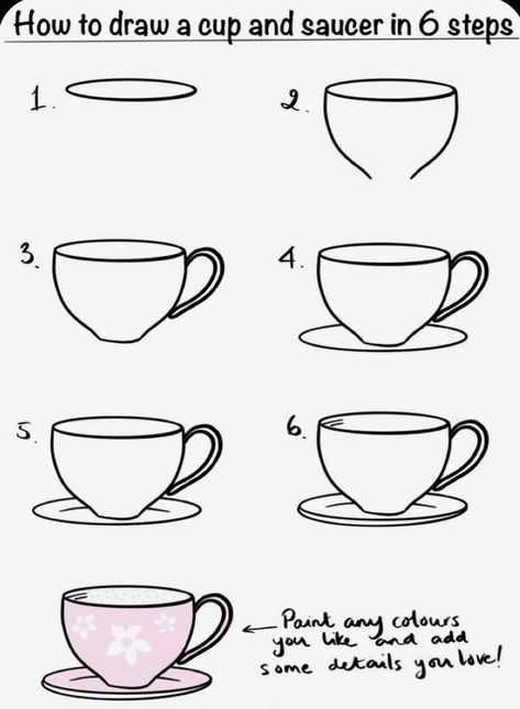 Teacup Painting Ideas, Teacup Drawing, Teacup Doodle, Dibujo Simple, Drawing Step By Step, Drawing Step, Cup Ideas, Easy Doodle Art, Easy Doodles Drawings