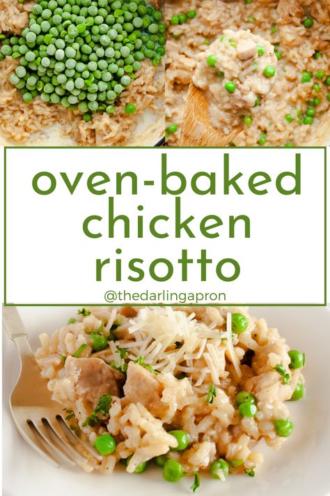 This one-pot recipe for Oven-Baked Chicken Risotto will easily become a new family favorite meal. This no-stir method is the easiest way to make risotto and the flavor is out of this world! Instapot Risotto Chicken, Chicken Risotto Casserole, One Pot Risotto Recipes, Oven Baked Chicken Risotto, Easy Chicken Risotto Recipes, Baked Chicken Risotto, Pioneer Woman Risotto In The Oven, No Stir Risotto, Chicken Rissoto Recipe